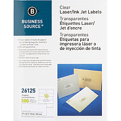 Business Source Clear Shipping Labels 2" Width x 4 1/4" Length - Permanent Adhesive - Rectangle - Laser - Clear - 10 / Sheet - 500 / Pack (BSN26125)