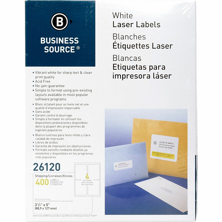 Business Source Bright White Premium-quality Address Labels 3 1/2" Width x 5" Length - Permanent Adhesive - Rectangle - Laser, Inkjet - White - 4 / Sheet - 100 Total Sheets - 400 / Pack (BSN26120)