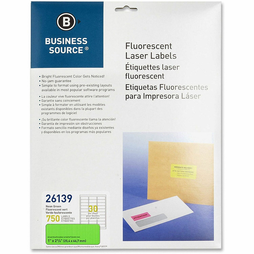 Business Source Neon Labels 1" Width x 2 5/8" Length - Permanent Adhesive - Rectangle - Laser - Neon Green - 30 / Sheet - 750 / Pack (BSN26139)