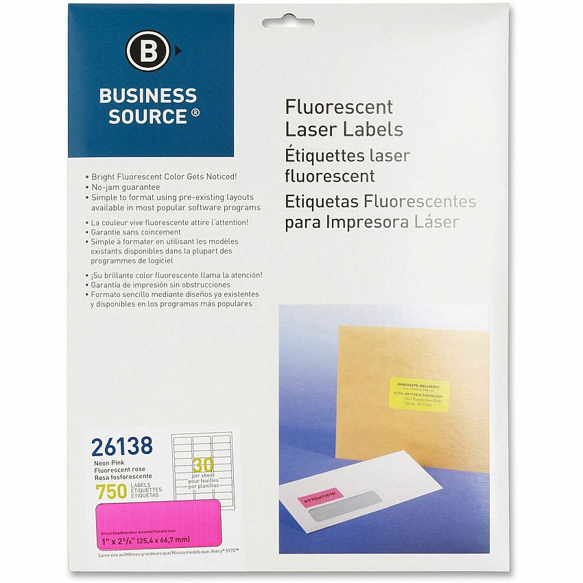 Business Source Neon Labels 1" Width x 2 5/8" Length - Permanent Adhesive - Rectangle - Laser - Neon Pink - 30 / Sheet - 750 / Pack (BSN26138)