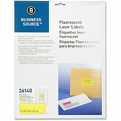 Business Source Neon Labels 1" Width x 2 5/8" Length - Permanent Adhesive - Rectangle - Laser - Neon Yellow - 30 / Sheet - 750 / Pack (BSN26140)