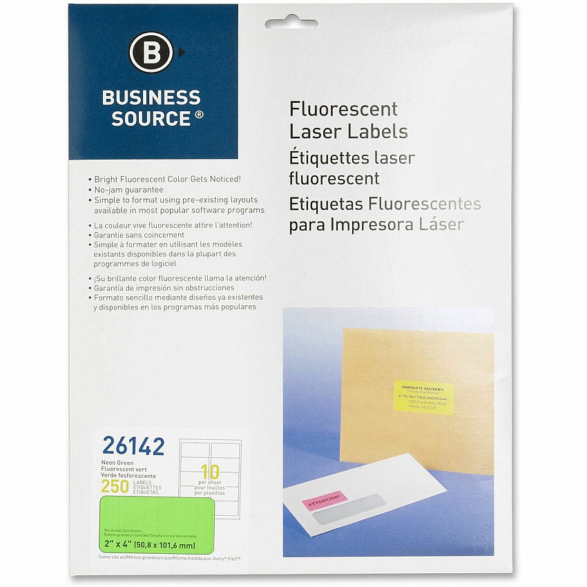 Business Source Neon Labels 2" Width x 4" Length - Permanent Adhesive - Rectangle - Laser - Neon Green - 10 / Sheet - 250 / Pack (BSN26142)
