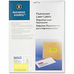 Business Source Neon Labels 2" Width x 4" Length - Permanent Adhesive - Rectangle - Laser - Neon Yellow - 10 / Sheet - 250 / Pack (BSN26143)
