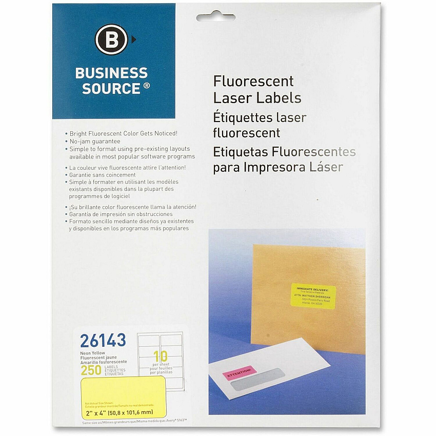 Business Source Neon Labels 2" Width x 4" Length - Permanent Adhesive - Rectangle - Laser - Neon Yellow - 10 / Sheet - 250 / Pack (BSN26143)