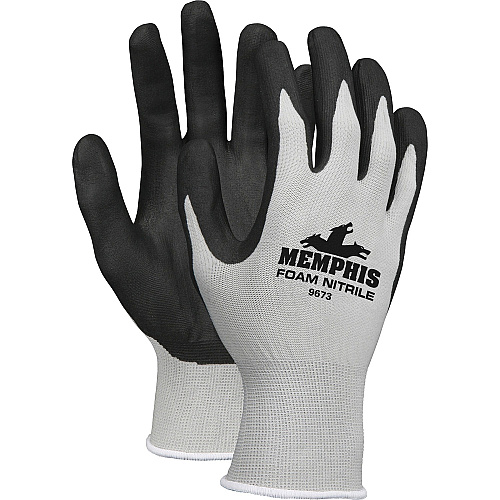 Memphis MCR Safety Nitrile Coated Knit Gloves Large Size - Nylon, Foam - Gray, Black - Knit Wrist, Comfortable, Durable, Cut Resistant, Seamless, Spill Resistant - For Industrial, Multipurpose - 12 / Dozen (9673L)