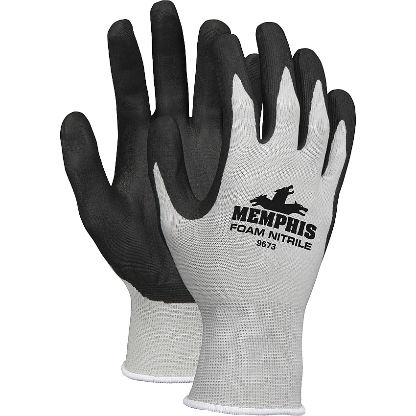 Memphis MCR Safety Nitrile Coated Knit Gloves Large Size - Nylon, Foam - Gray, Black - Knit Wrist, Comfortable, Durable, Cut Resistant, Seamless, Spill Resistant - For Industrial, Multipurpose - 12 / Dozen (9673L)