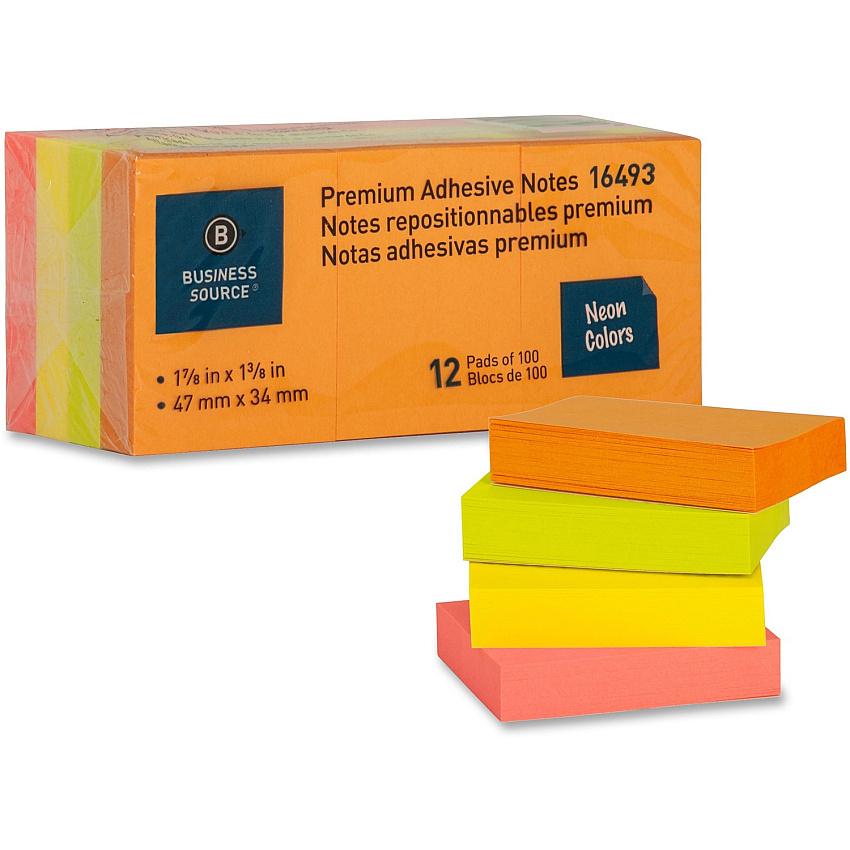 Business Source Premium Repostionable Adhesive Notes 1 1/2" Flag/Note Width x 2" Flag/Note Length - Rectangle - Unruled - Neon - Self-adhesive, Repositionable, Solvent-free Adhesive - 12 / Pack (BSN16493)
