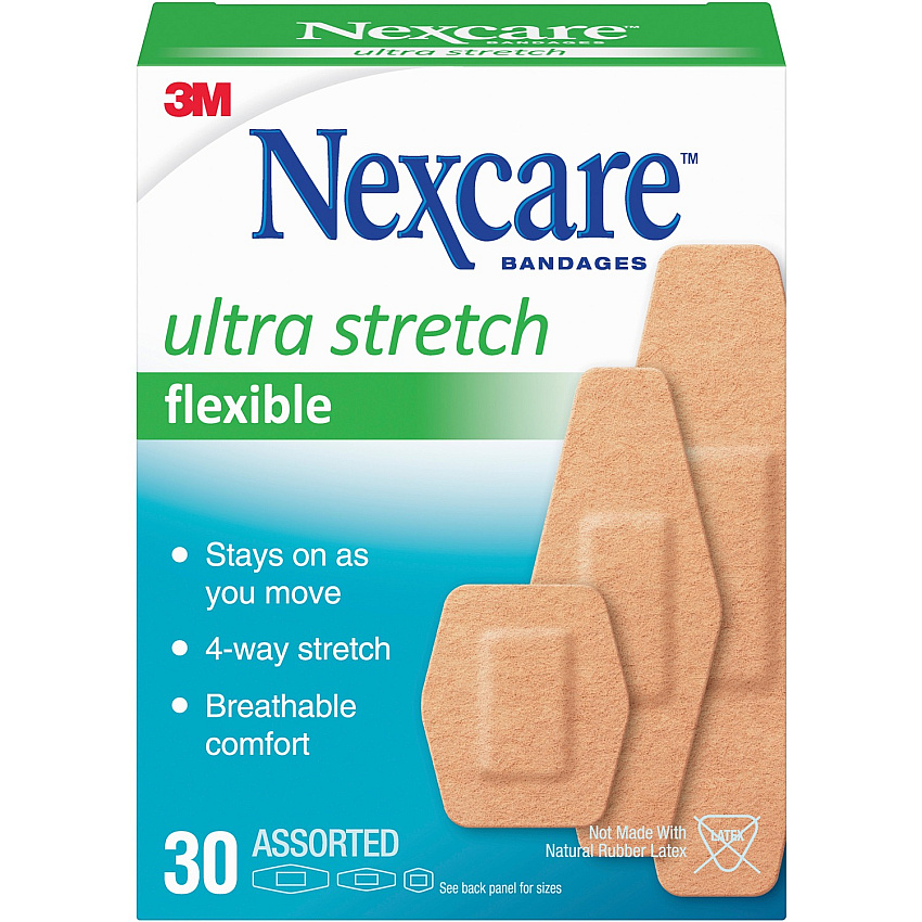 Nexcare Soft 'n Flex Bandages Assorted Sizes - 0.94" Width x 1.13" Length, - 1.13" Width x 3" Length, - 0.88" Width x 2.25" Length - Tan - Fabric/ - 1 Box (57630PB)