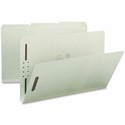 Nature Saver 1/3 Tab Cut Legal Recycled Fastener Folder 8 1/2" x 14" - 1" Expansion - 2 Fastener - 2" for Folder - Top Tab Location - Assorted Tab Position - 25 pt. - Pressboard, Tyvek - Gray/Green - 100% Recycled - 25 / Box (SP17234)