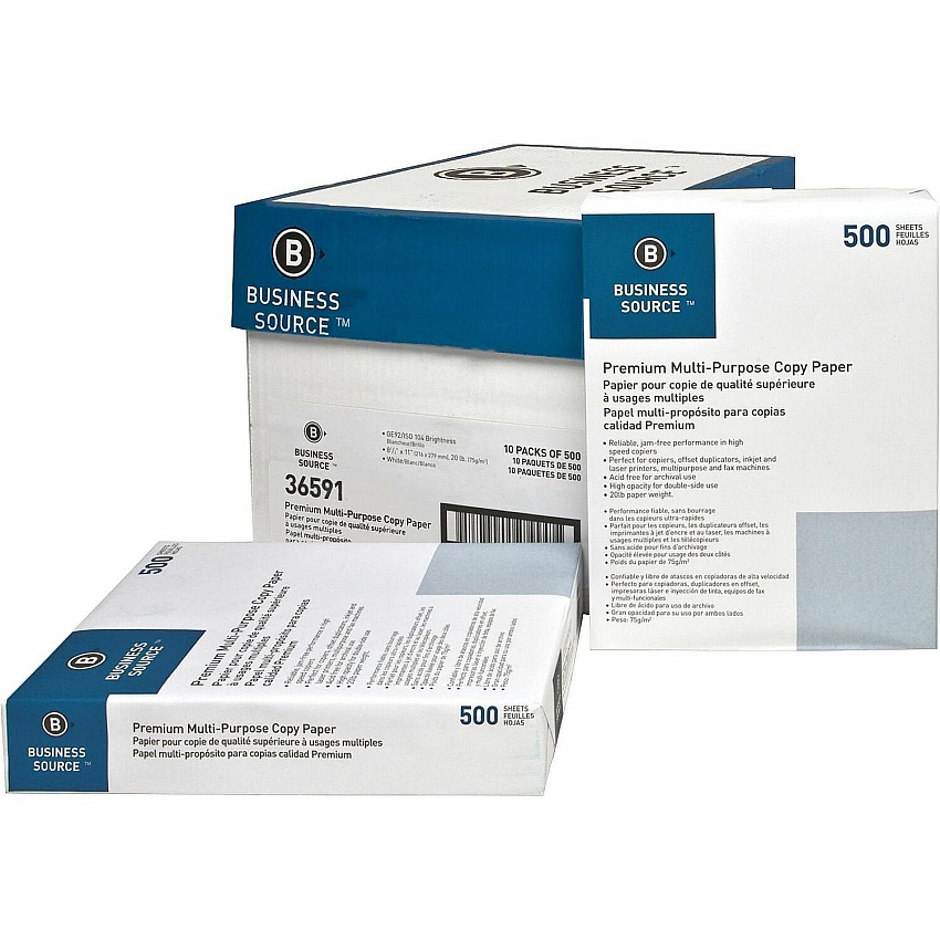 Business Source Premium Multipurpose Copy Paper - White 92 Brightness - Letter - 8 1/2" x 11" - 20 lb Basis Weight - Acid-free - White - 500 Sheets per Ream - 40 / Pallet (BSN36591PL)