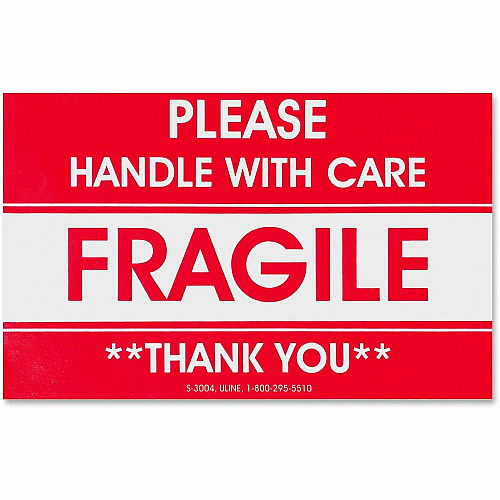 Tatco Fragile/Handle With Care Shipping Label Fragile - Handle with Care, Thank You - 3" Width x 5" Length - Rectangle - Red - 500 / Roll - 500 / Roll (10951)