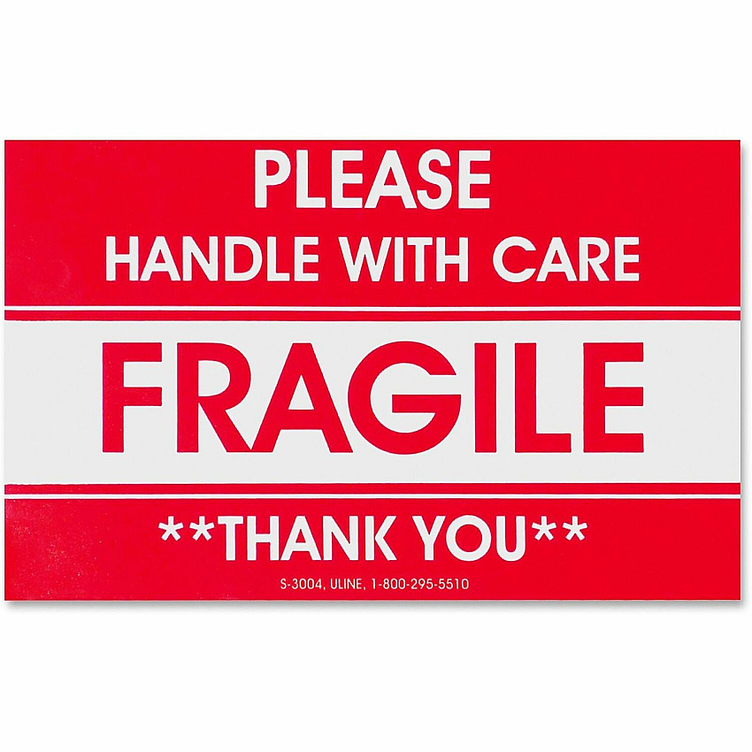 Tatco Fragile/Handle With Care Shipping Label Fragile - Handle with Care, Thank You - 3" Width x 5" Length - Rectangle - Red - 500 / Roll - 500 / Roll (10951)