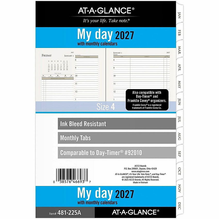 At-A-Glance Daily Monthly Planner Two Page Per Day Refill, Loose-Leaf, Desk Size Daily, Monthly - 12 Month - January 2027 to December 2027 - 8:00 AM to 7:00 PM, Hourly - 1 Day Double Page Layout - 5 1/2" x 8 1/2" Sheet Size - White Sheet - 7-rin (481225A)