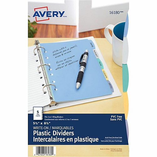 Avery Durable Plastic Write-On Dividers 5 x Divider(s) - 5 Write-on Tab(s) - 5 - 5 Tab(s)/Set - 5.5" Divider Width x 8.50" Divider Length - 7 Hole Punched - Multicolor Plastic Divider - Multicolor Plastic Tab(s) - Durable, Hole-punched, PVC-free S (16180)