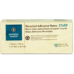 Business Source Yellow Adhesive Notes 1 7/8" Flag/Note Width x 1 3/8" Flag/Note Length - Rectangle - Unruled - Yellow - Self-adhesive, Removable - Recycled - 12 / Pack (BSN21459) Business Source Yellow Adhesive Notes 1 7/8" Flag/Note Width x 1 3/8" Flag/Note Length - Rectangle - Unruled - Yellow - Self-adhesive, Removable - Recycled - 12 / Pack (BSN21459)