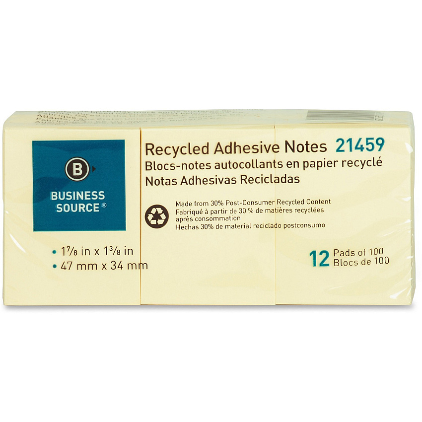 Business Source Yellow Adhesive Notes 1 7/8" Flag/Note Width x 1 3/8" Flag/Note Length - Rectangle - Unruled - Yellow - Self-adhesive, Removable - Recycled - 12 / Pack (BSN21459)