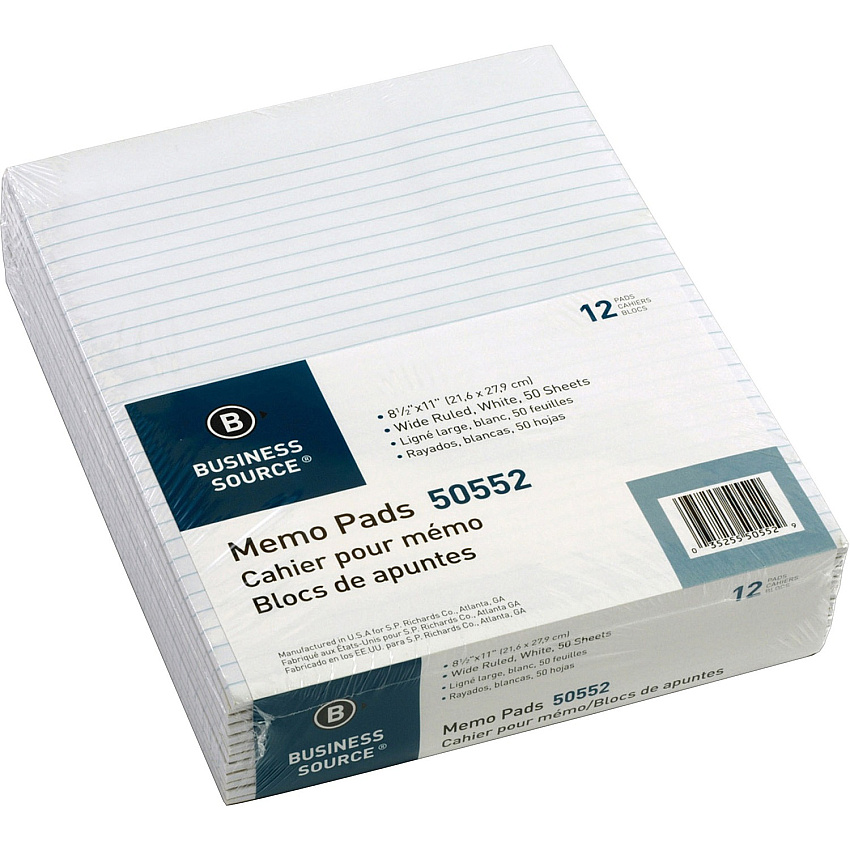 Business Source Glued Top Ruled Memo Pads - Letter 50 Sheets - Glue - Wide Ruled Front Ruling - 16 lb Basis Weight - Letter - 8 1/2" x 11" Sheet Size - White Paper - 12 / Dozen (BSN50552)