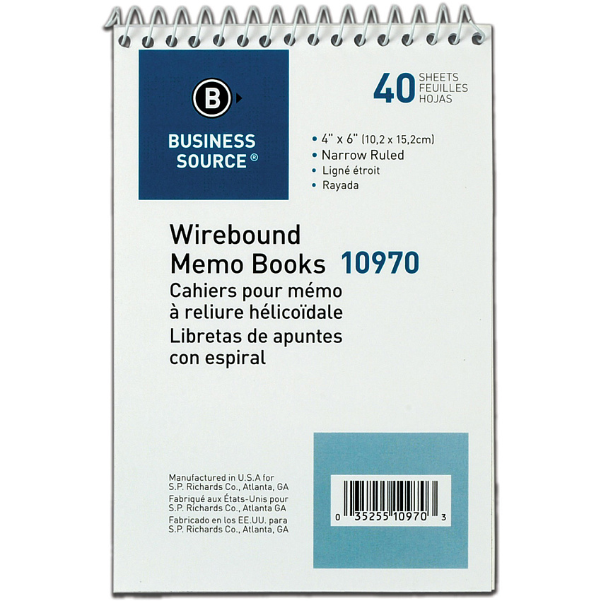 Business Source Wirebound Memo Books 40 Sheet(s) - Wire Bound - 4" x 6" Sheet Size - White - White Sheet(s) - 12 / Dozen (BSN10970)