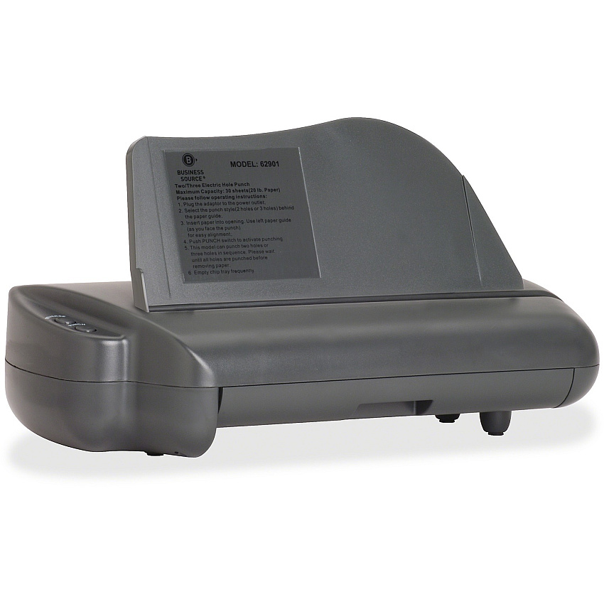 Business Source Electric Adjustable 3-hole Punch 3 Punch Head(s) - 30 Sheet of 20lb Paper - 1/4" Punch Size - 17.8" Width x 5.3" Depth x 8.3" Height - Gray - 1 Each (BSN62901)