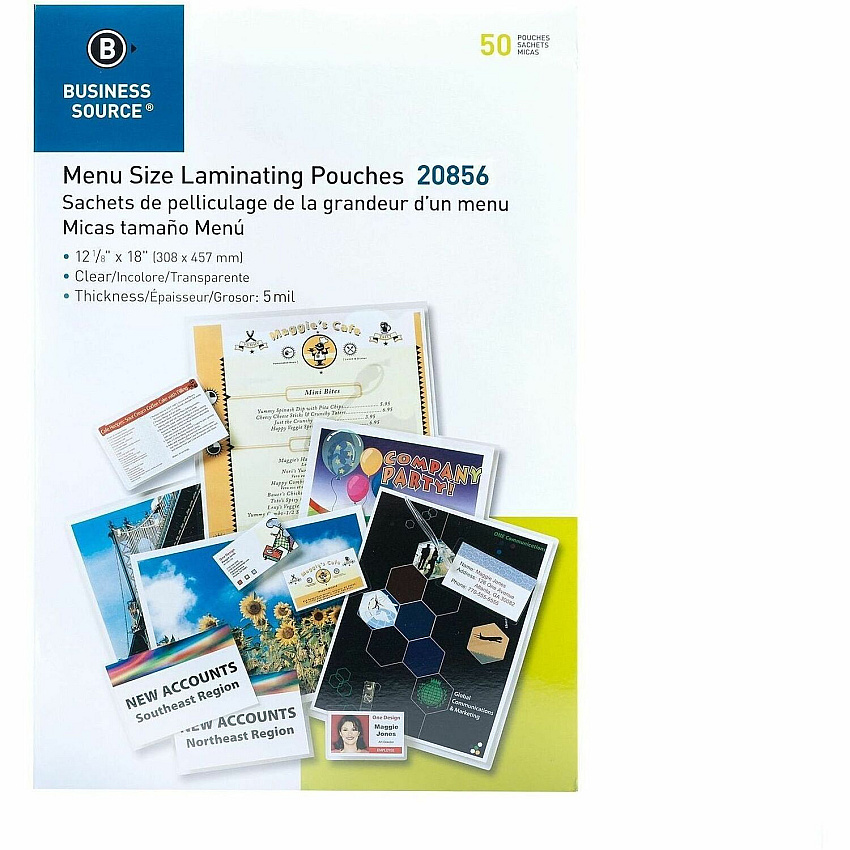 Business Source 5 mil Menu-size Laminating Pouches Laminating Pouch/Sheet Size: 12.13" Width x 18" Length x 5 mil Thickness - for Document, ID Badge, Photo, Recipe, Recipe Card - Pre-trimmed - Clear - 1 Box (BSN20856)