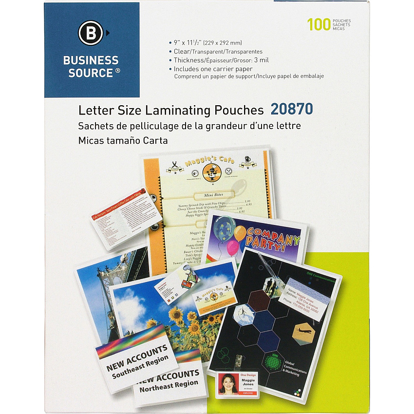 Business Source Letter Size Laminating Pouches Laminating Pouch/Sheet Size: 9" Width x 11.50" Length x 3 mil Thickness - for Document, ID Badge, Menu, Photo - Clear - 100 / Pack (BSN20870)