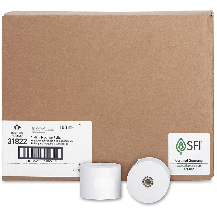 Business Source 1-Ply 2-1/4"x165' Adding Machine Rolls 2 1/4" x 165 ft - 13.80 lb Basis Weight - Sustainable Forestry Initiative (SFI) - Lint-free - White - 100 / Carton (BSN31822)