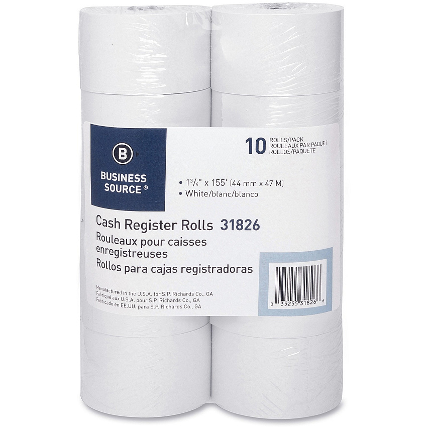 Business Source 1-Ply 155' Adding Machine Paper Rolls 1 3/4" x 155 ft - 13.80 lb Basis Weight - Sustainable Forestry Initiative (SFI) - Lint-free - White - 10 / Pack (BSN31826)