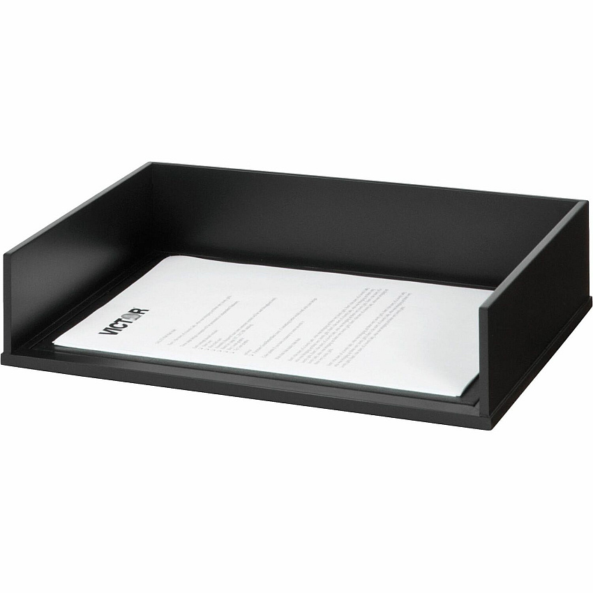 Victor Wood Stacking Letter Tray Desktop - Stackable, Durable, Rubber Feet, Sturdy - Matte Black - Black - Wood, Faux Leather - 1 Each (11545)