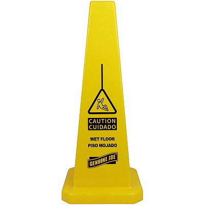 Genuine Joe Bright 4-sided Caution Safety Cone English, Spanish - 10" Width x 24" Height x 10" Depth - Cone Shape - Stackable - Industrial - Polypropylene - Yellow - 1 Each (GJO58880)