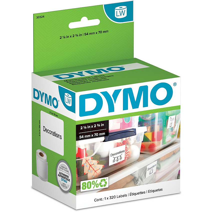 Dymo LabelWriter Multipurpose Label 2 1/8" Width x 2 3/4" Length - Rectangle - Direct Thermal - White - 320 / Roll - 320 / Roll (30324)