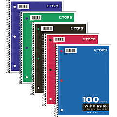 TOPS Wide Rule 1-subject Spiral Notebook 100 Sheets - Wire Bound - 10 1/2" x 8" Sheet Size - 0.25" Height x 8" Width x 10.5" Length - Assorted Paper - Black Card Stock, Red, Blue, Green, Purple Cover - Perforated, Subject, Easy Tear, Durable Cover (65031)