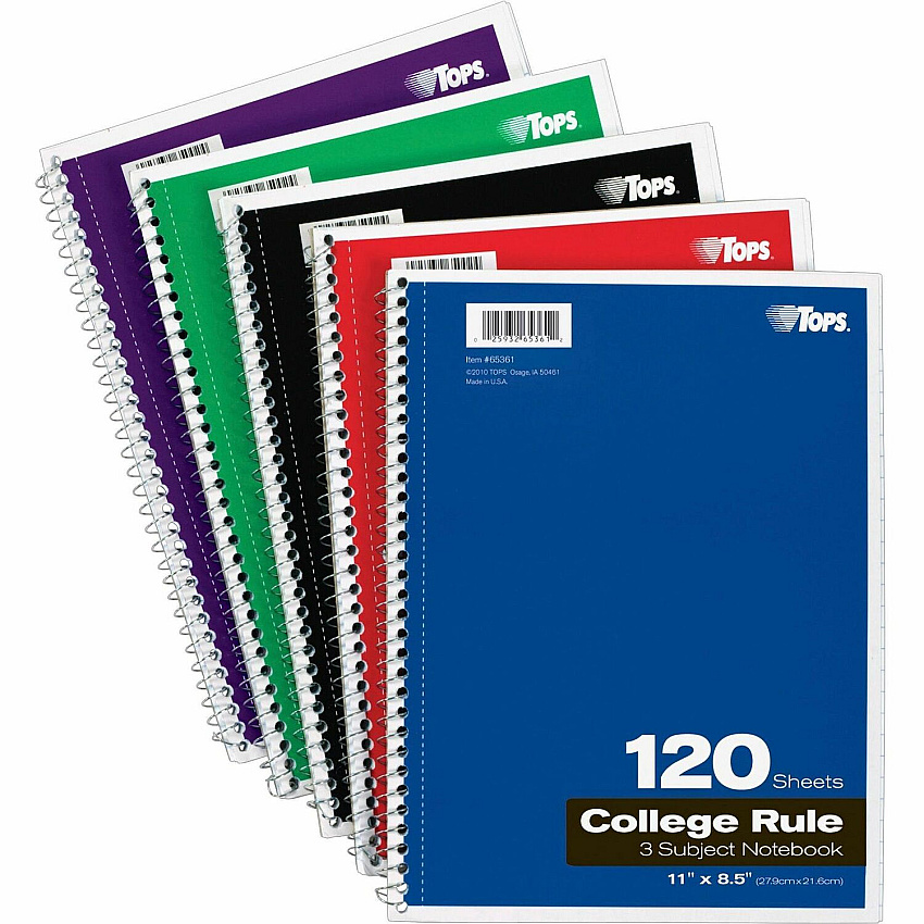 TOPS 3 - subject College Ruled Notebook - Letter 120 Sheets - Wire Bound - Letter - 8 1/2" x 11" Sheet Size - 0.25" Height x 8.5" Width x 11" Length - Assorted Paper - Black, Red, Blue, Green, Purple Cover - Divider, Perforated - 1 Each (65361)