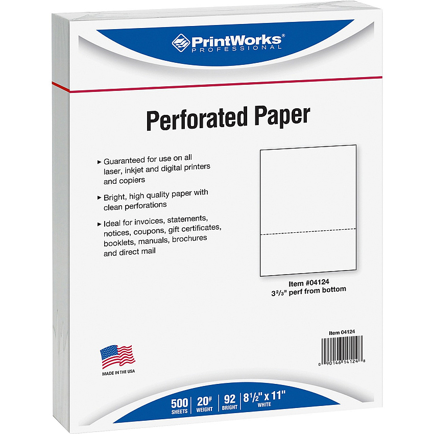Printworks Pre-Perforated Paper for Invoices, Statements, Gift Certificates & More Letter - 8 1/2" x 11" - 20 lb Basis Weight - Smooth - Sustainable Forestry Initiative (SFI) - Perforated - White - 500 / Ream (04124)