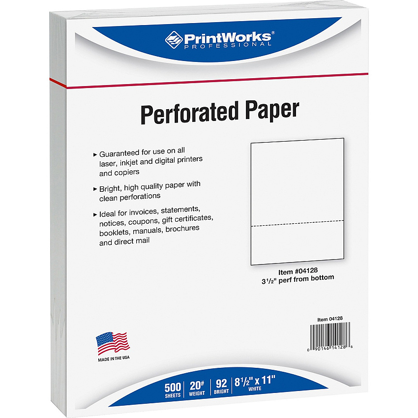 Printworks Pre-Perforated Paper for Invoices, Statements, Gift Certificates & More 1-Hole Punched - Letter - 8 1/2" x 11" - 20 lb Basis Weight - Sustainable Forestry Initiative (SFI) - Perforated - White - 500 / Ream (04128)
