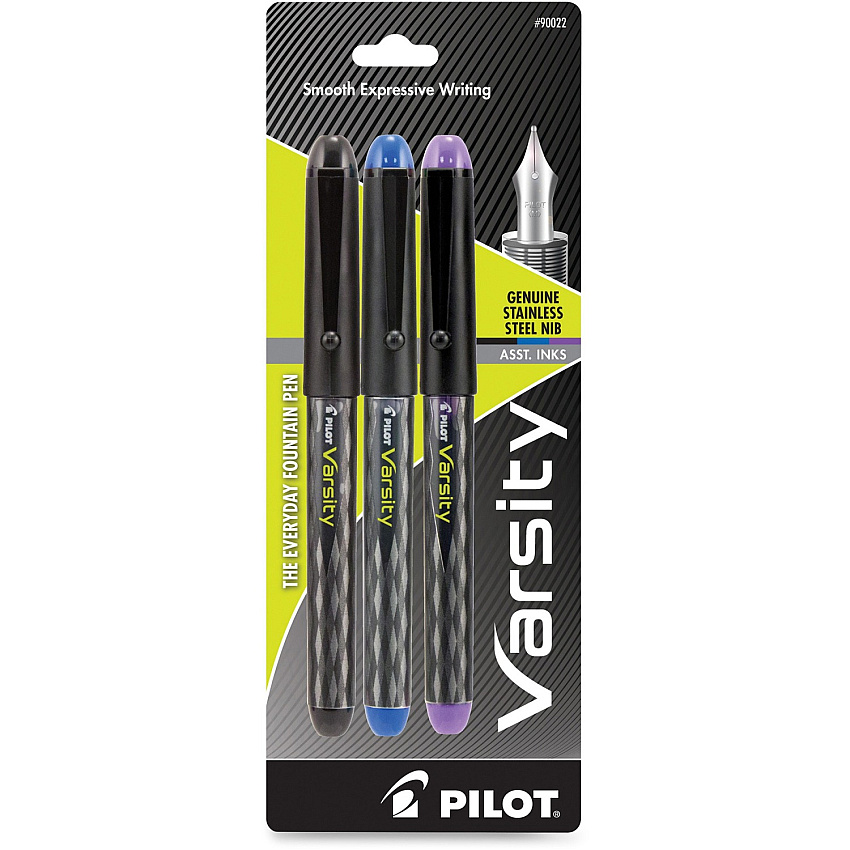 Pilot Varsity Disposable Fountain Pens Medium Pen Point - Black, Blue, Purple Ink - Black Barrel - 3 / Pack (90022)