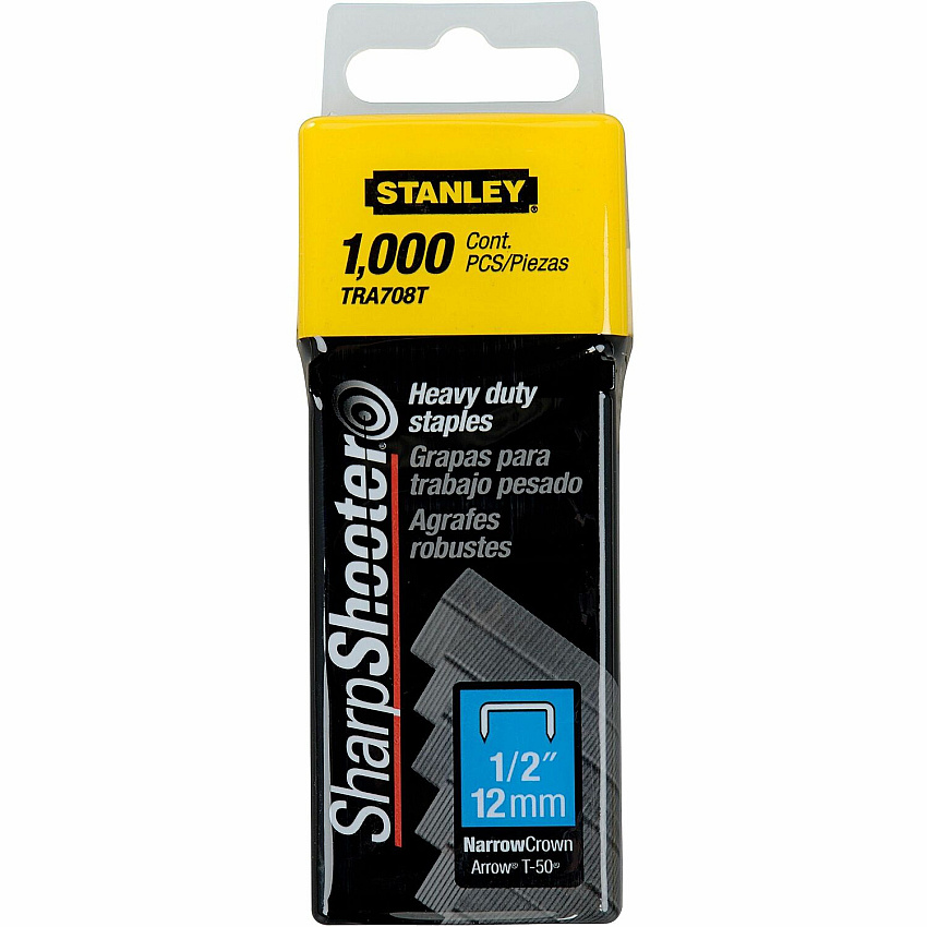 Stanley SharpShooter Heavy-Duty 1/2" Staples Heavy Duty - 1/2" - 1/2" Leg - 3/8" Crown - Silver - 5.1" Height x 1.3" Width x 1.8" Length - 1000 / Box (TRA708T)