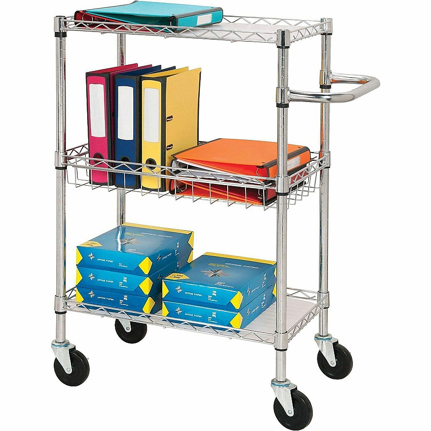 Lorell 3-Tier Rolling Cart 99 lb Load Capacity - 4 Casters - Steel - 16" Width x 26" Depth x 40" Height - Chrome - 1 Each (LLR84859)