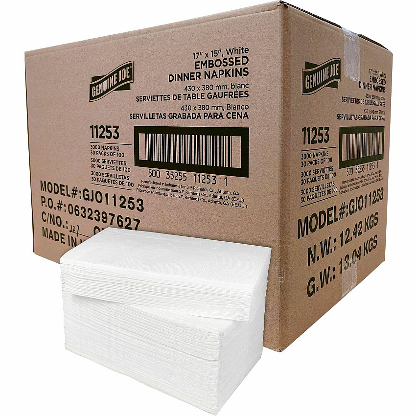 Genuine Joe Embossed Dinner Napkins 2 Ply - 1/8 Fold - 17" Width x 15" Length - White - 100/Pack - 30 / Carton (GJO11253)