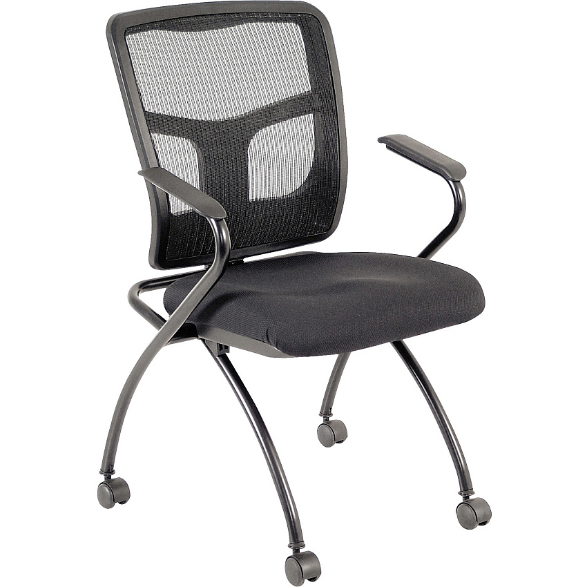 Lorell Mesh Back Nesting Training/Guest Chairs Fabric Seat Material - Powder Coated Frame Color - Metal Frame Material - Four-legged Base - Black - Mesh - Armrest - 2 / Carton (LLR84374)