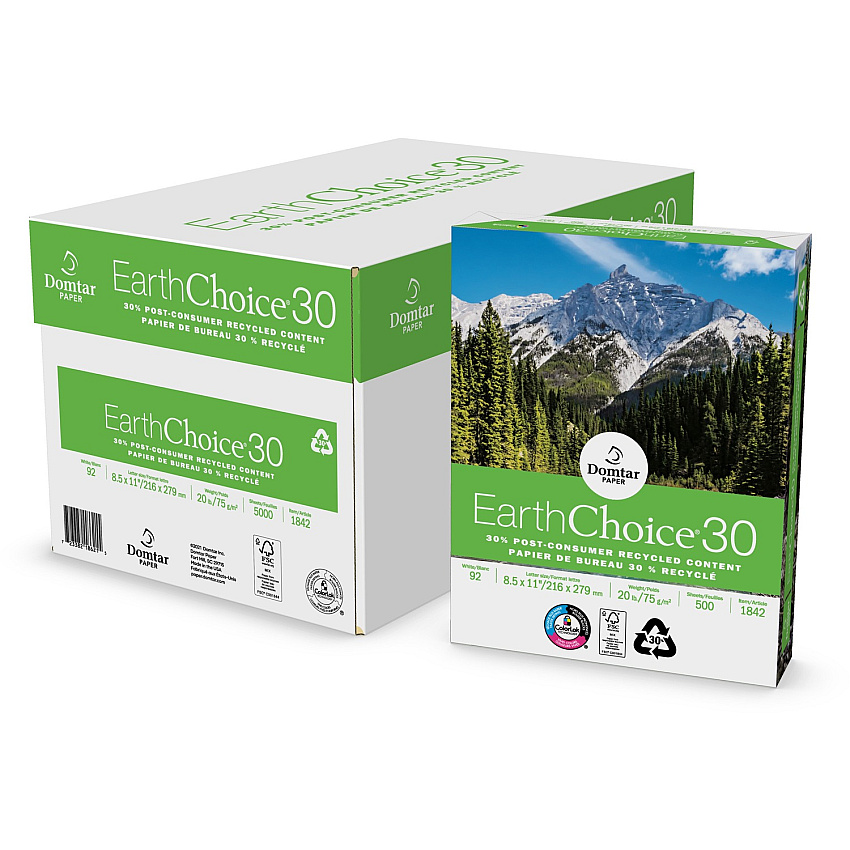 Domtar EarthChoice 30 Office Paper 8-1/2" x 11" 500 Sheets/pkg 92 Brightness - 88% Opacity - Letter - 8 1/2" x 11" - 20 lb Basis Weight - ColorLok Technology, Chlorine-free, Acid-free, Jam-free - White - 500 Sheets - 1 Carton (1842)