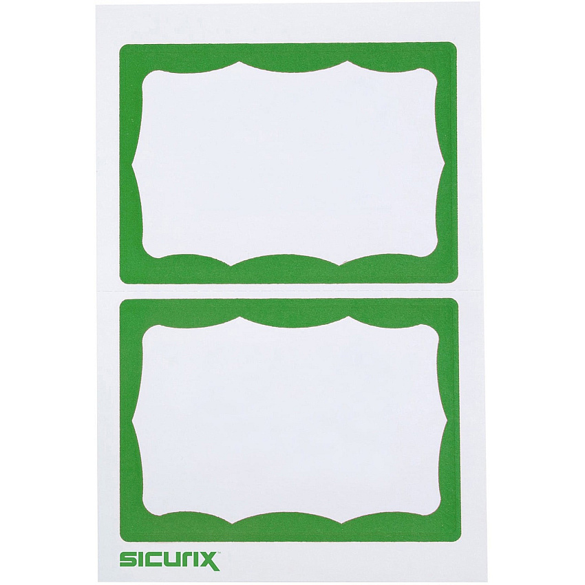 SICURIX Green Border Adhesive Badges 2 Per Sheet 100 Pack White 3 1/2" Width x 2 1/4" Length - Removable Adhesive - Inkjet, Laser - White - Green Border - 2 / Sheet - 100 / Box (67646)