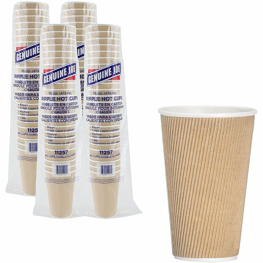 Genuine Joe 16 oz Rippled Hot Cups 16 fl oz - Brown - Hot Drink, Beverage - 25/Pack - 4 / Carton (GJO11257CT)