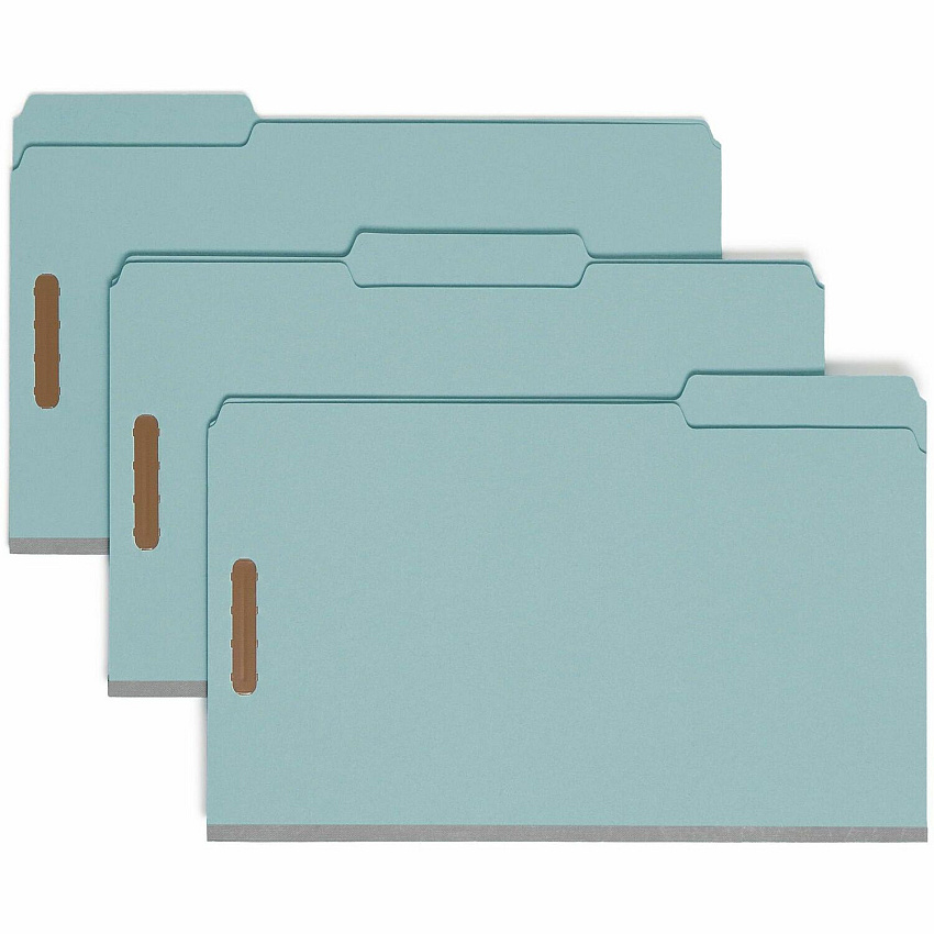 Smead 1/3 Tab Cut Legal Recycled Fastener Folder 9 1/2" x 14 5/8" - 1" Expansion - 2 x 2K Fastener - Folder - Assorted Tab Position - 1 Plys - Pressboard - Blue - Eco-friendly, Heavy Duty, Dye-free - 100% Recycled - 25 / Box (20000)