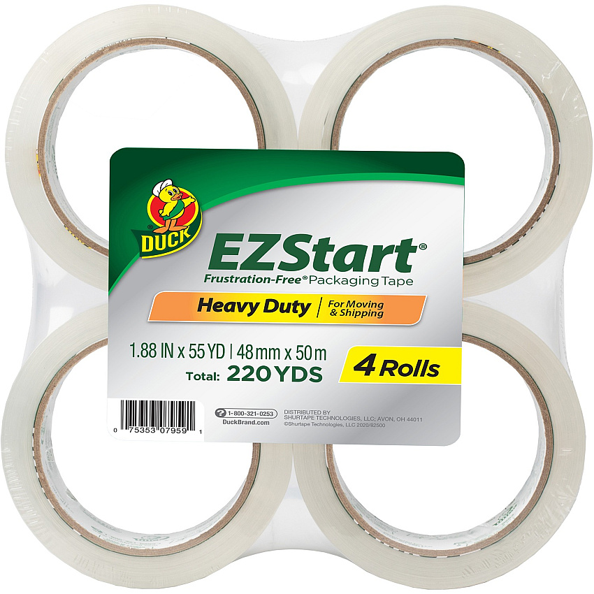 Duck Brand EZ Start Crystal Clear Packaging Tape 54.60 yd Length x 1.88" Width x 2.6 mil Thickness - 3" Core - Crystal Clear - Acrylic - UV Resistant, Tear Resistant, Age Resistant, Split Resistant - For Sealing - 4 / Pack (280068)