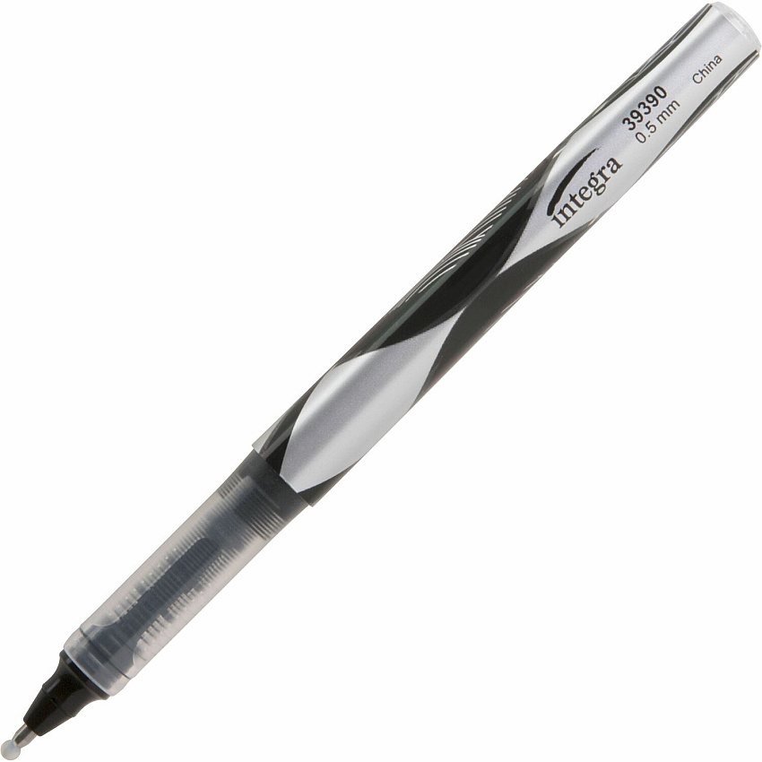 Integra Liquid Ink Rollerball Pens 0.5 mm Extra Fine Pen Point - Black Ink - Black Barrel - Metal Tip - 12 / Dozen (39390)