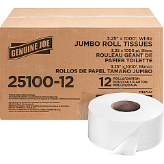 Genuine Joe Jumbo Roll Bath Tissues 2 Ply - 3.25" Width x 1000 ft Length - 9" Roll Diameter - 3 19/64" Core - White - 12 / Carton (GJO2510012) Genuine Joe Jumbo Roll Bath Tissues 2 Ply - 3.25" Width x 1000 ft Length - 9" Roll Diameter - 3 19/64" Core - White - 12 / Carton (GJO2510012)