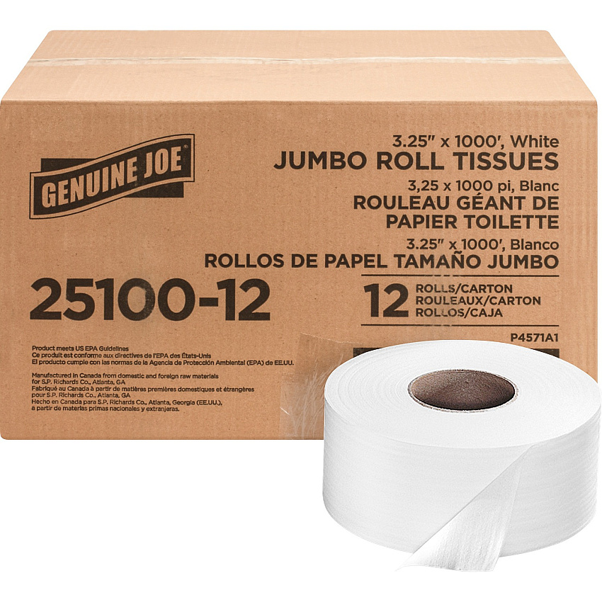 Genuine Joe Jumbo Roll Bath Tissues 2 Ply - 3.25" Width x 1000 ft Length - 9" Roll Diameter - 3 19/64" Core - White - 12 / Carton (GJO2510012)