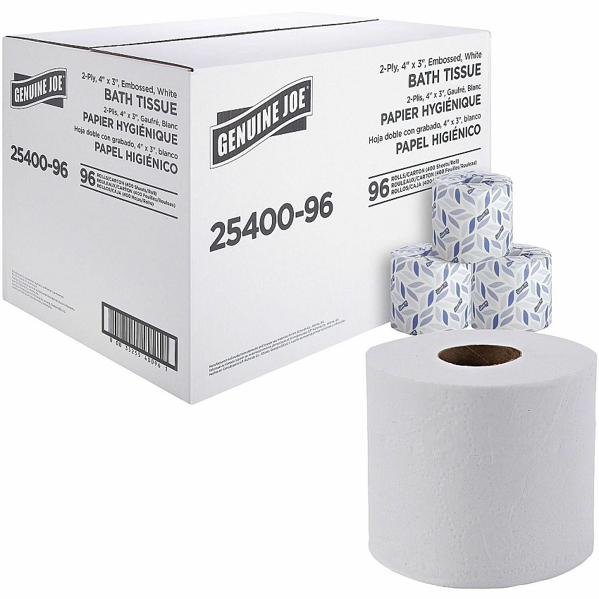 Genuine Joe 2-ply Standard Bath Tissue Rolls 2 Ply - 3" Width x 4" Length - 400 Sheets/Roll - 1 5/8" Core - White - 96 / Carton (GJO2540096)