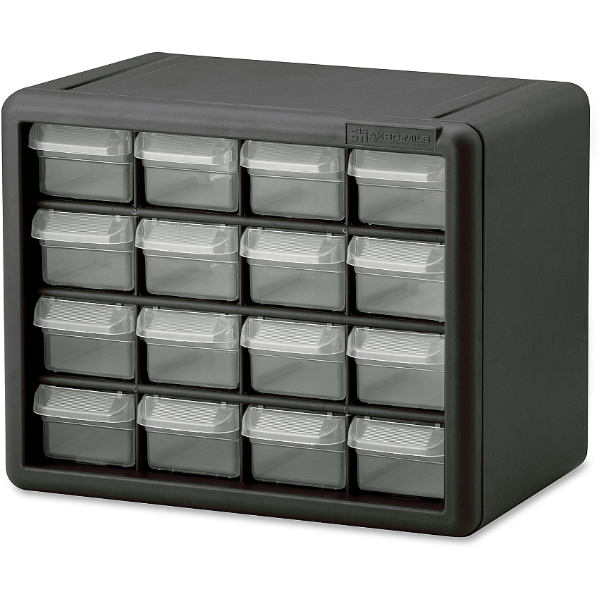 Akro-Mils 16-Drawer Plastic Storage Cabinet 16 Drawer(s) - 8.50" Height x 6.40" Width x 10.50" Length - Floor - Stackable, Finger Grip, Unbreakable - Black - Polymer, Plastic - 1 Each (10116)