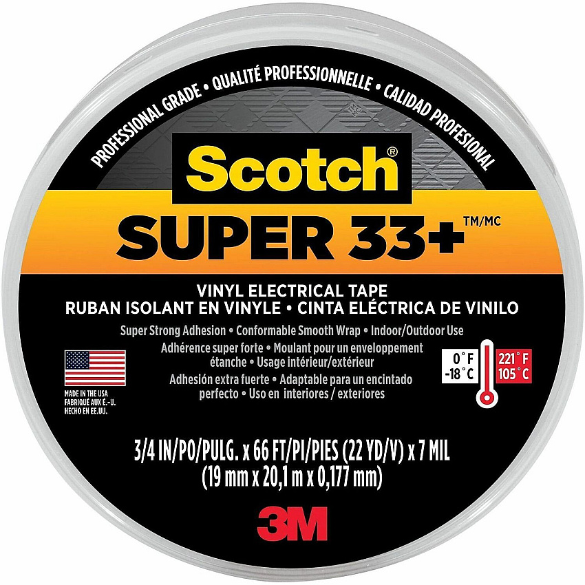 Scotch Super 33 Plus Vinyl Electrical Tape 22 yd Length x 0.75" Width - Black - Rubber - Vinyl Backing - Flame Resistant, Temperature Resistant, Weather Resistant, Abrasion Resistant, Moisture Resistant, Alkali Resistant, Acid Resistant, Corros (6132BA10)